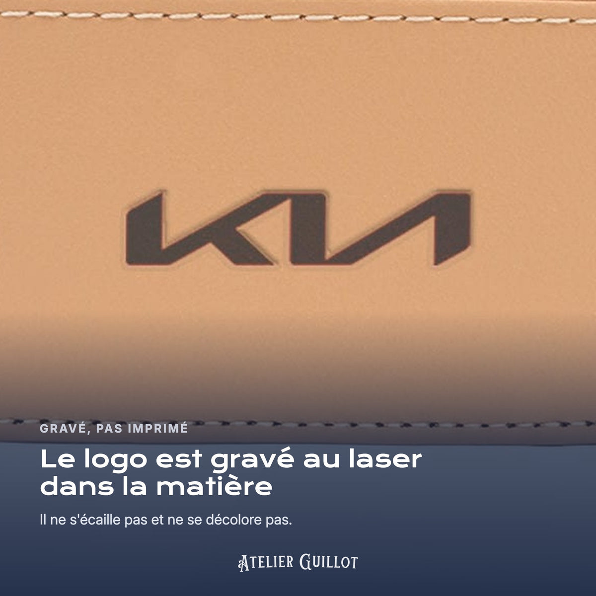 Logo Kia gravé au laser dans le simili cuir
