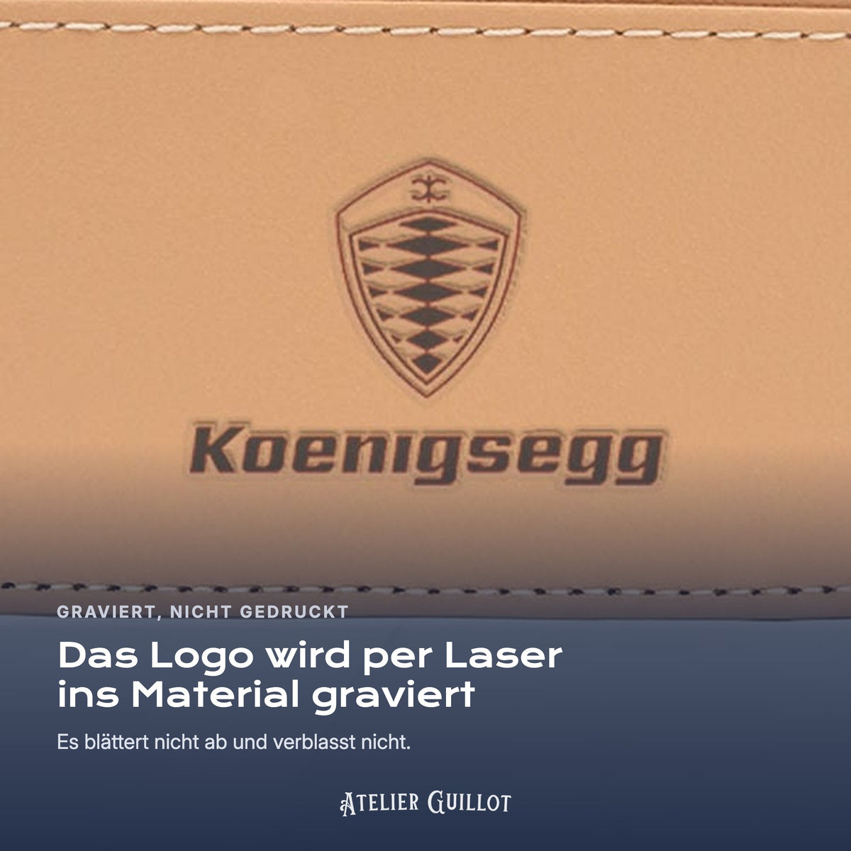 Logo Koenigsegg, per Laser in Kunstleder graviert