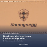 Logo Koenigsegg, per Laser in Kunstleder graviert
