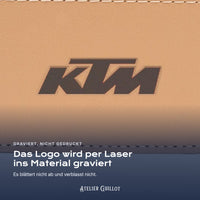 Logo KTM, per Laser in Kunstleder graviert