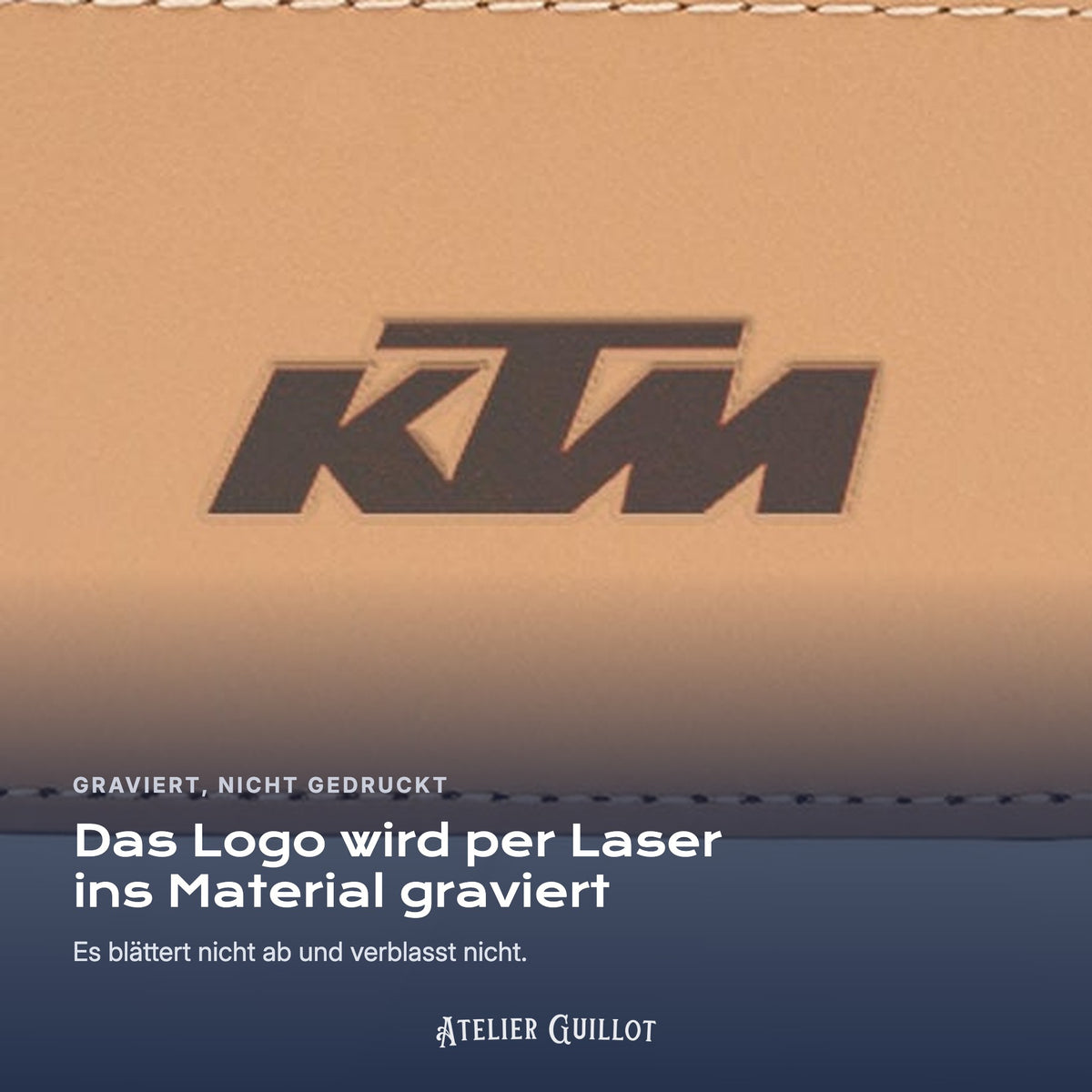 Logo KTM, per Laser in Kunstleder graviert