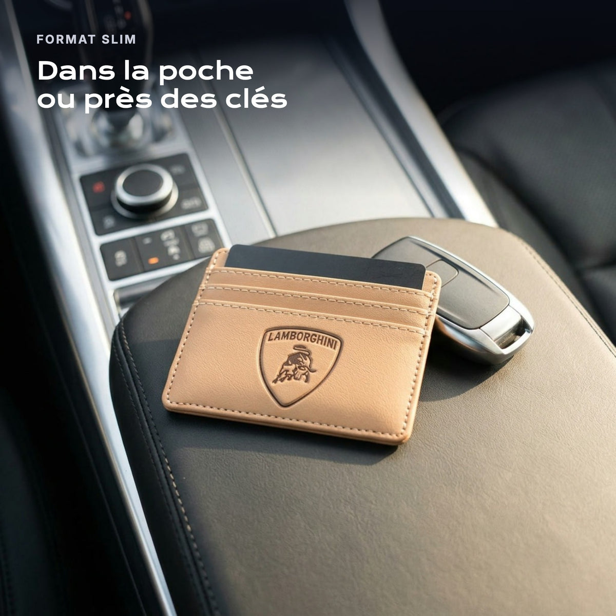 Porte-carte bancaire Lamborghini près d'une clé, format slim