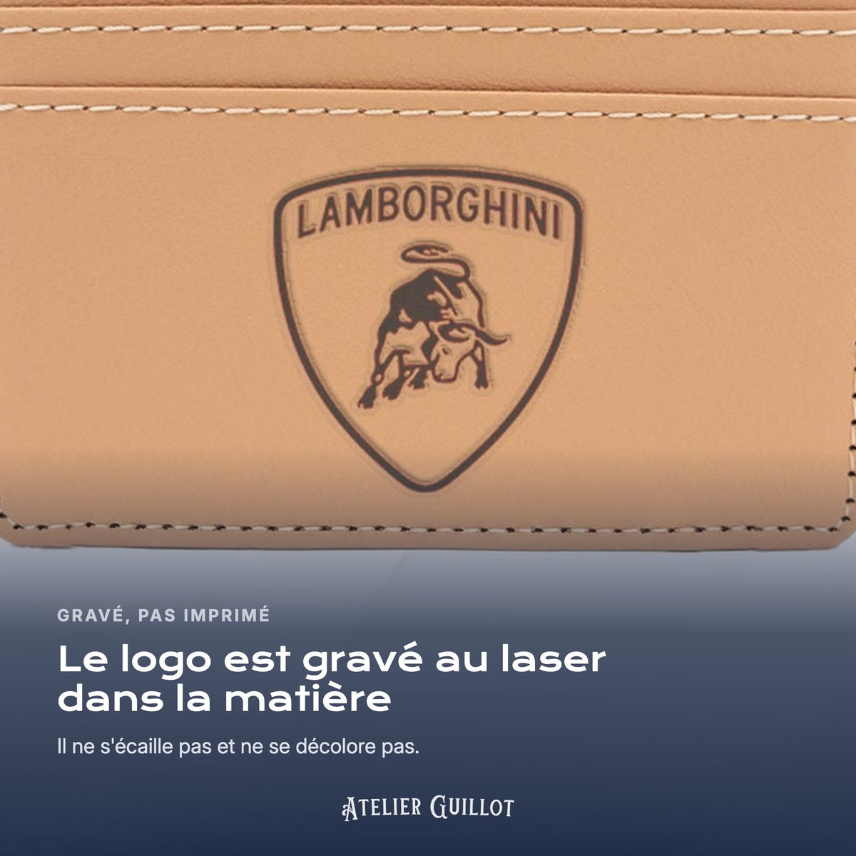 Logo Lamborghini gravé au laser dans le simili cuir