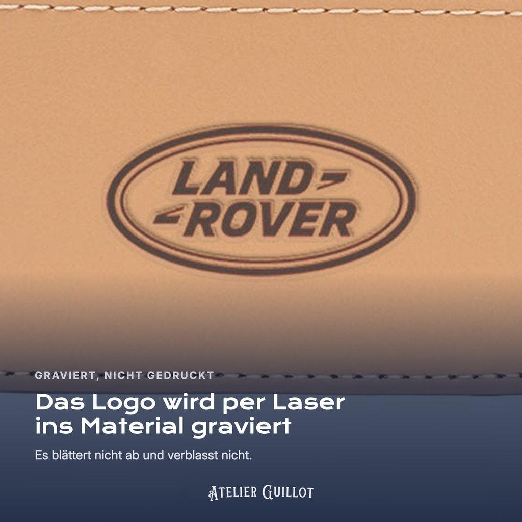 Logo Land Rover, per Laser in Kunstleder graviert