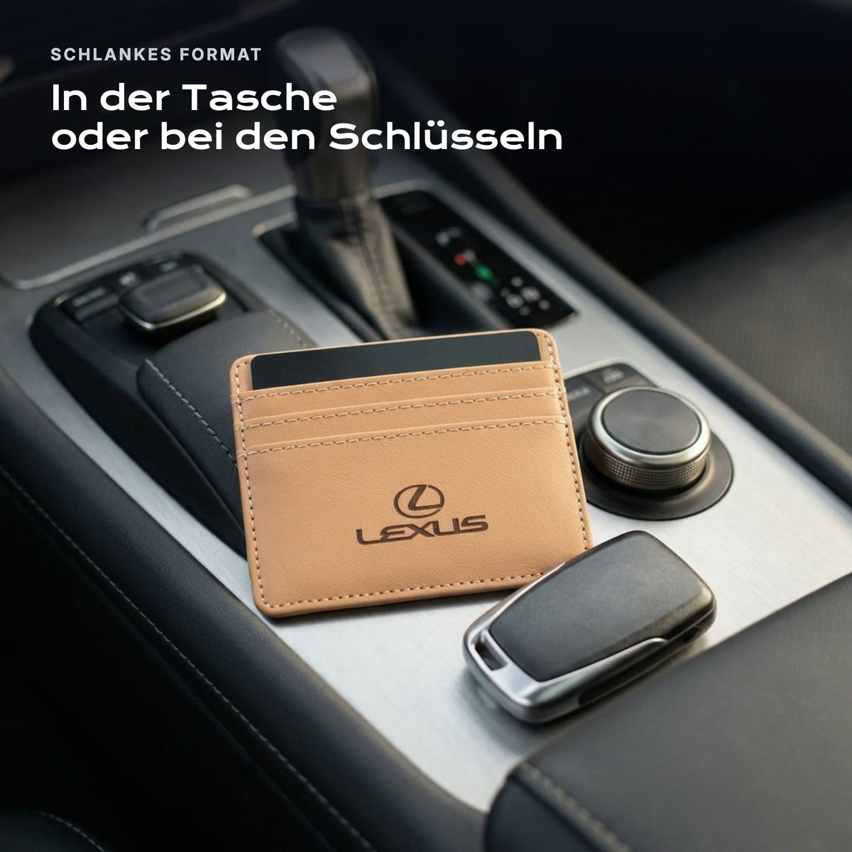 Kartenetui Lexus neben einem Schlüssel, schlankes Format