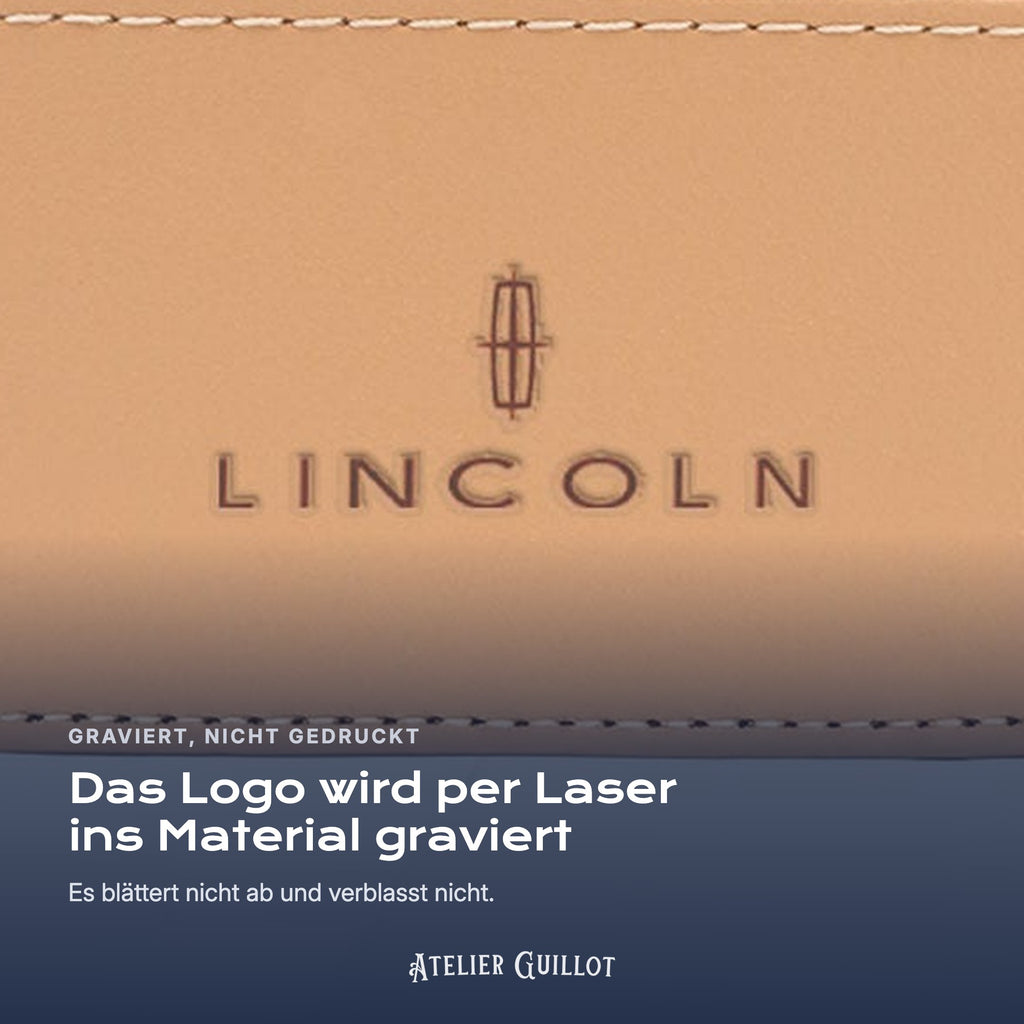 Logo Lincoln, per Laser in Kunstleder graviert