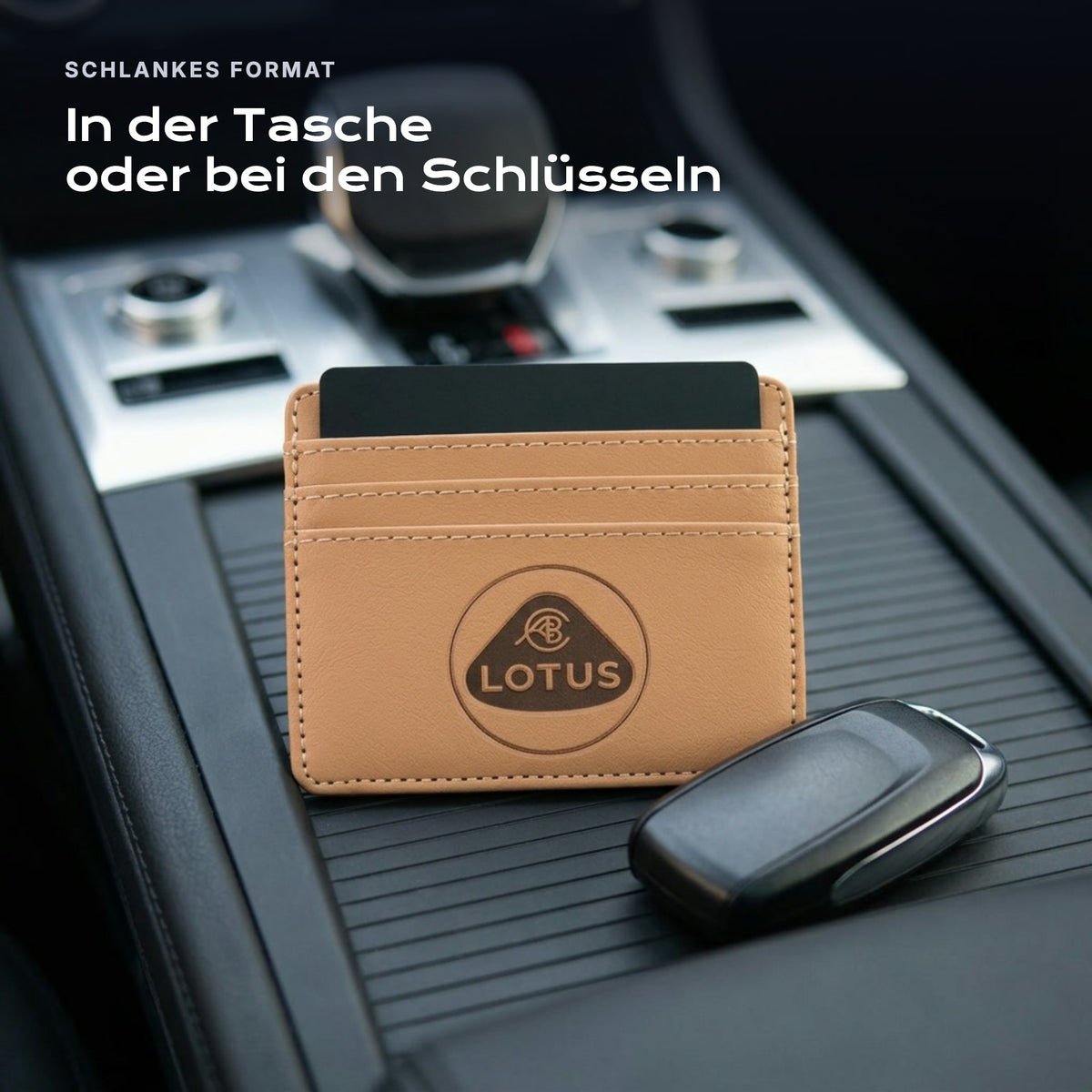 Kartenetui Lotus neben einem Schlüssel, schlankes Format