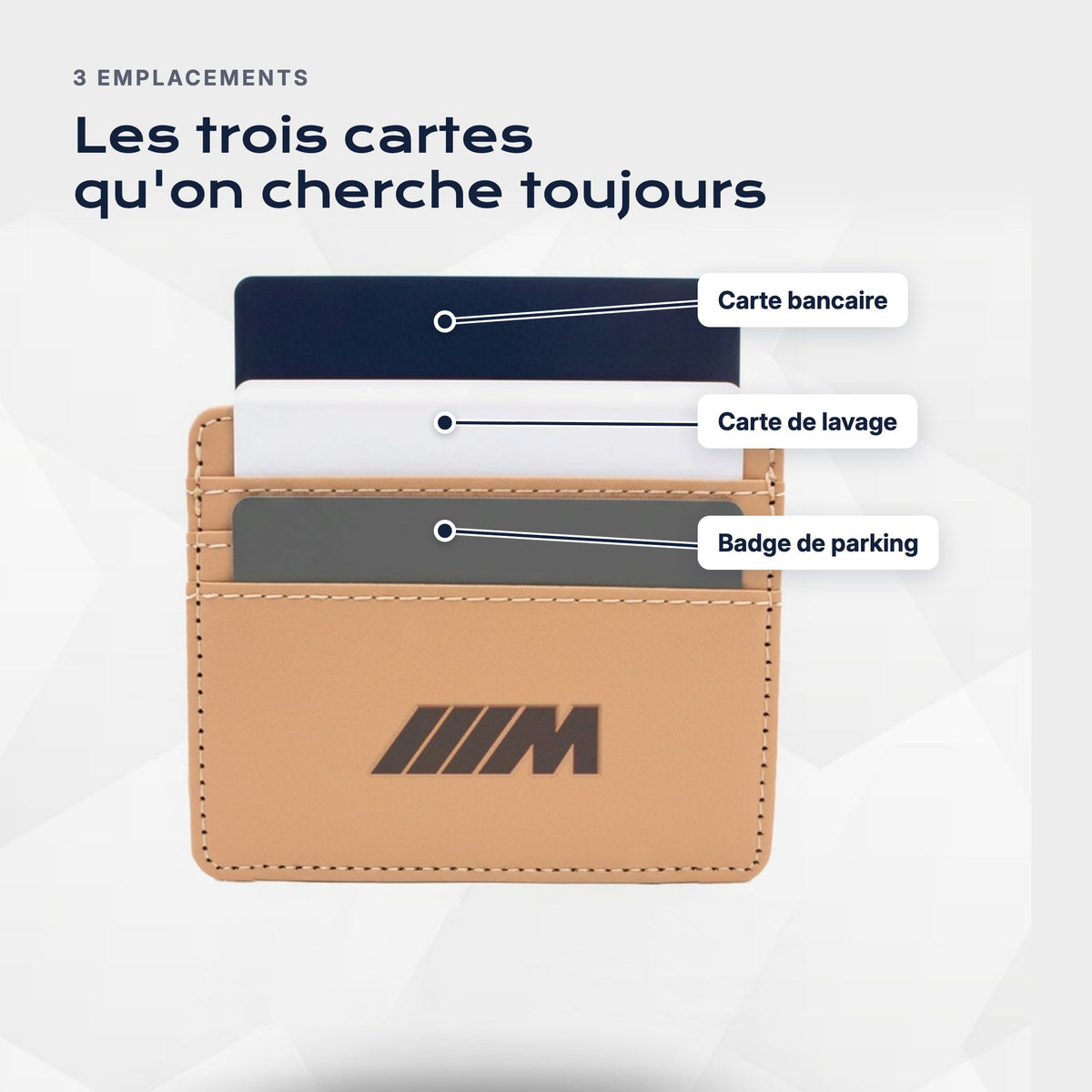 Trois emplacements : carte bancaire, carte de lavage, badge de parking