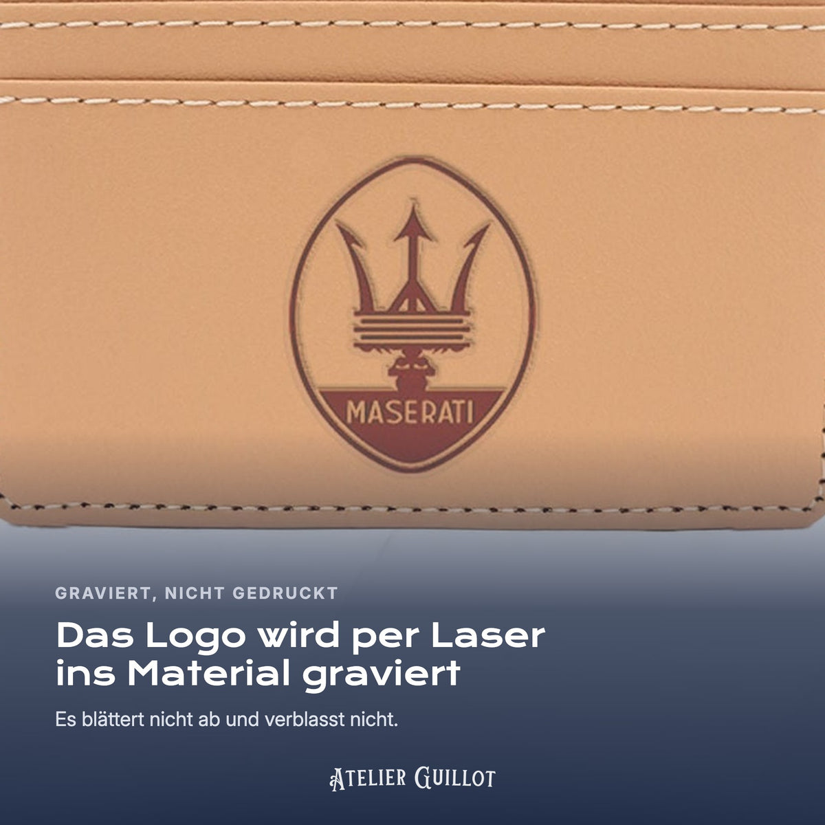Logo Maserati, per Laser in Kunstleder graviert