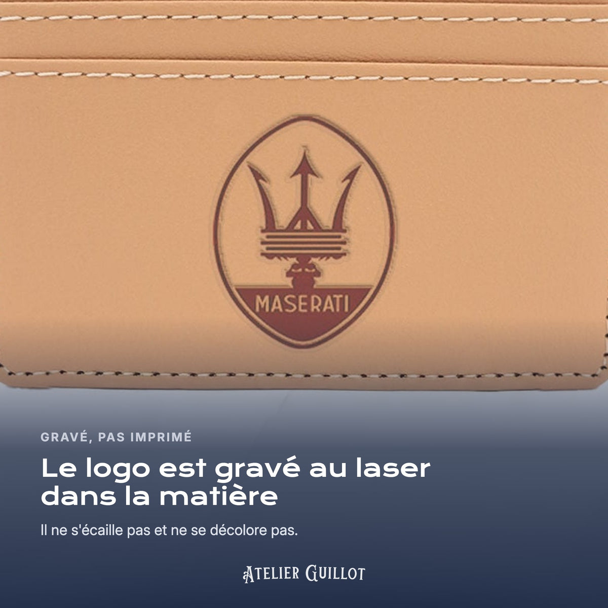 Logo Maserati gravé au laser dans le simili cuir