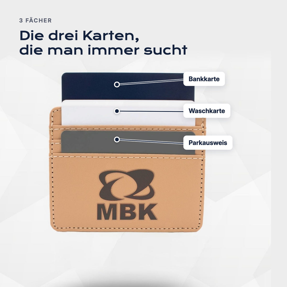 Drei Fächer: Bankkarte, Waschkarte, Parkausweis