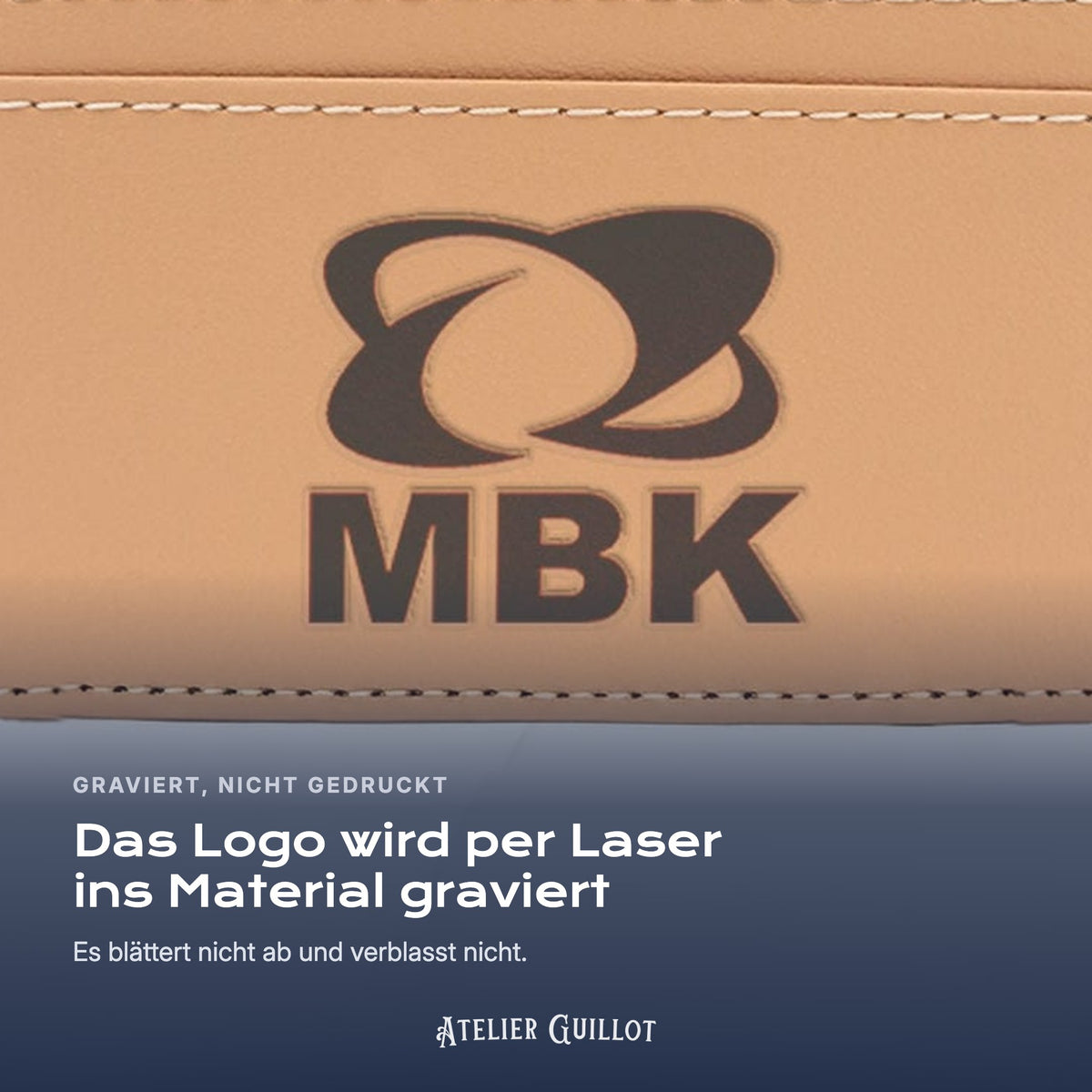Logo MBK, per Laser in Kunstleder graviert
