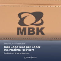 Logo MBK, per Laser in Kunstleder graviert