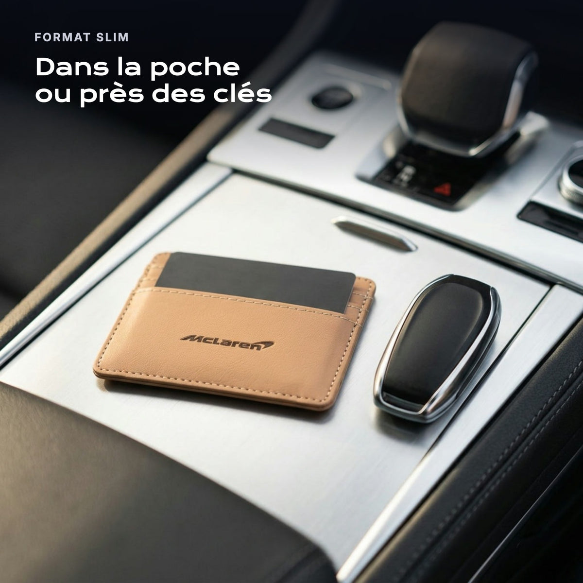 Porte-carte bancaire McLaren près d'une clé, format slim