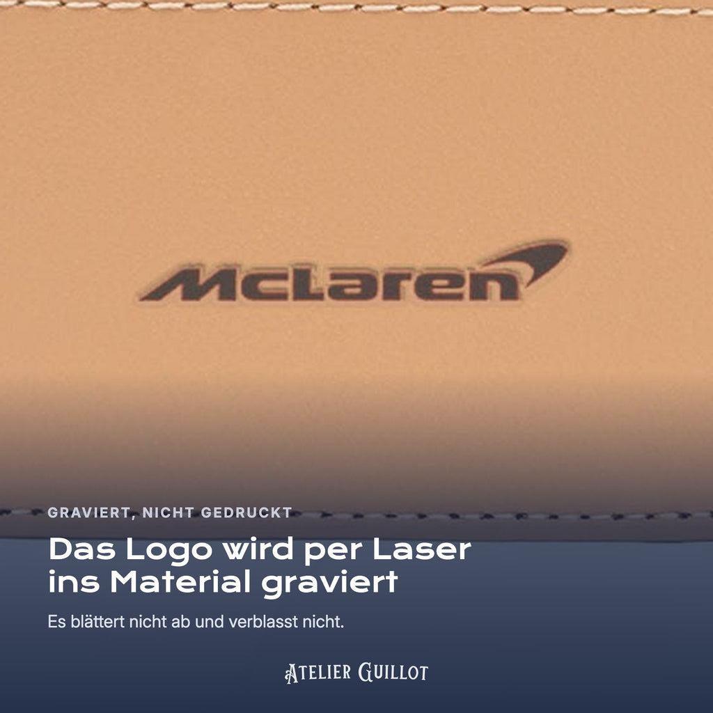 Logo McLaren, per Laser in Kunstleder graviert