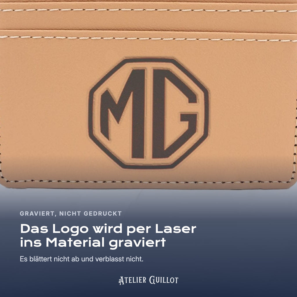 Logo MG, per Laser in Kunstleder graviert