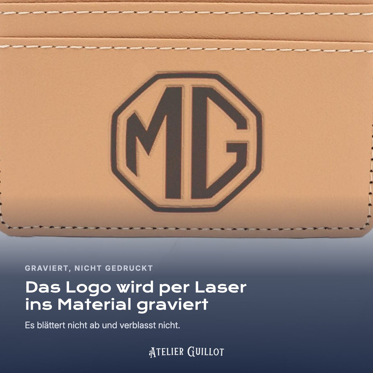 Logo MG, per Laser in Kunstleder graviert