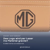 Logo MG, per Laser in Kunstleder graviert