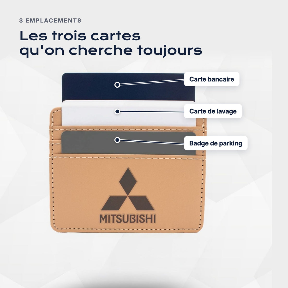 Trois emplacements : carte bancaire, carte de lavage, badge de parking