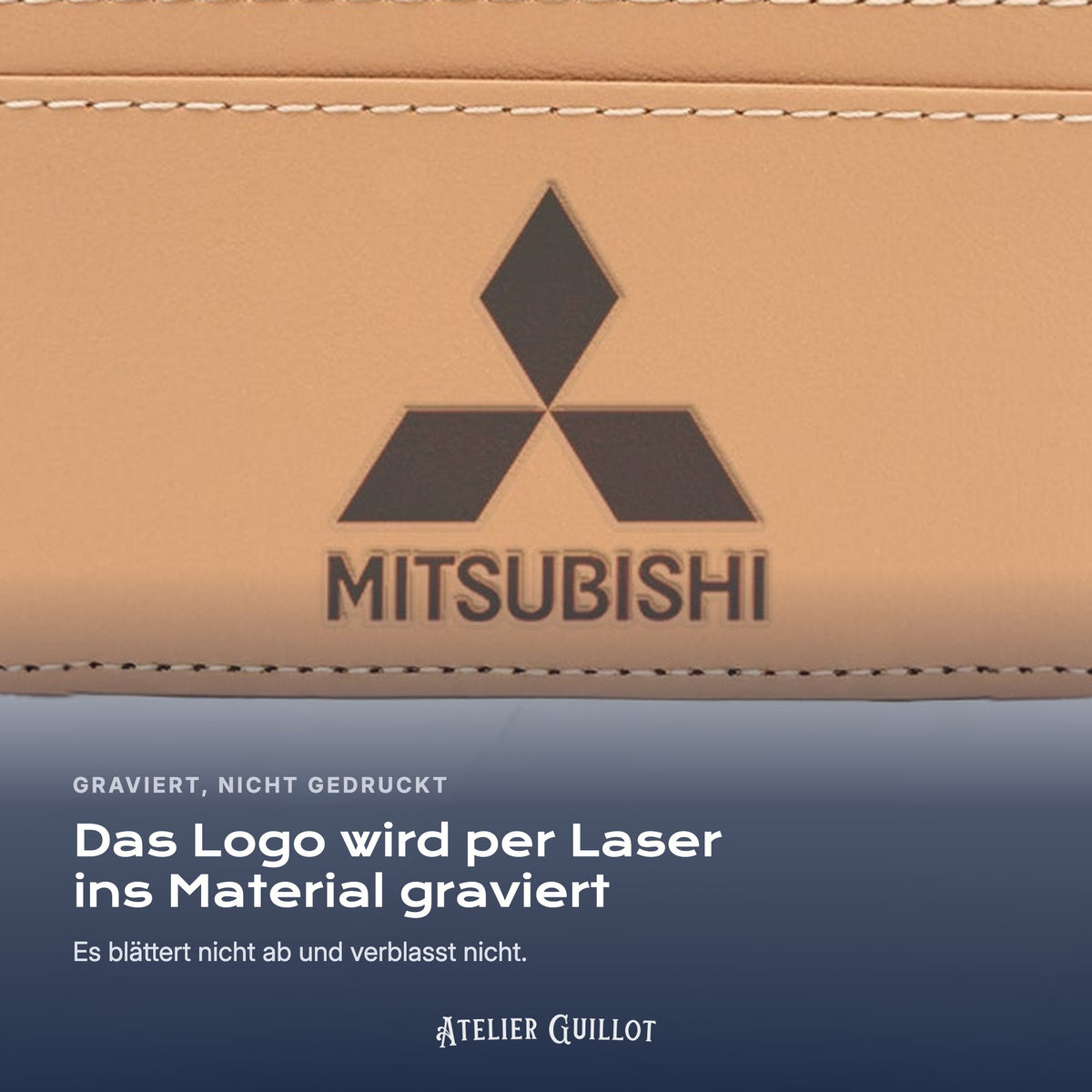 Logo Mitsubishi, per Laser in Kunstleder graviert