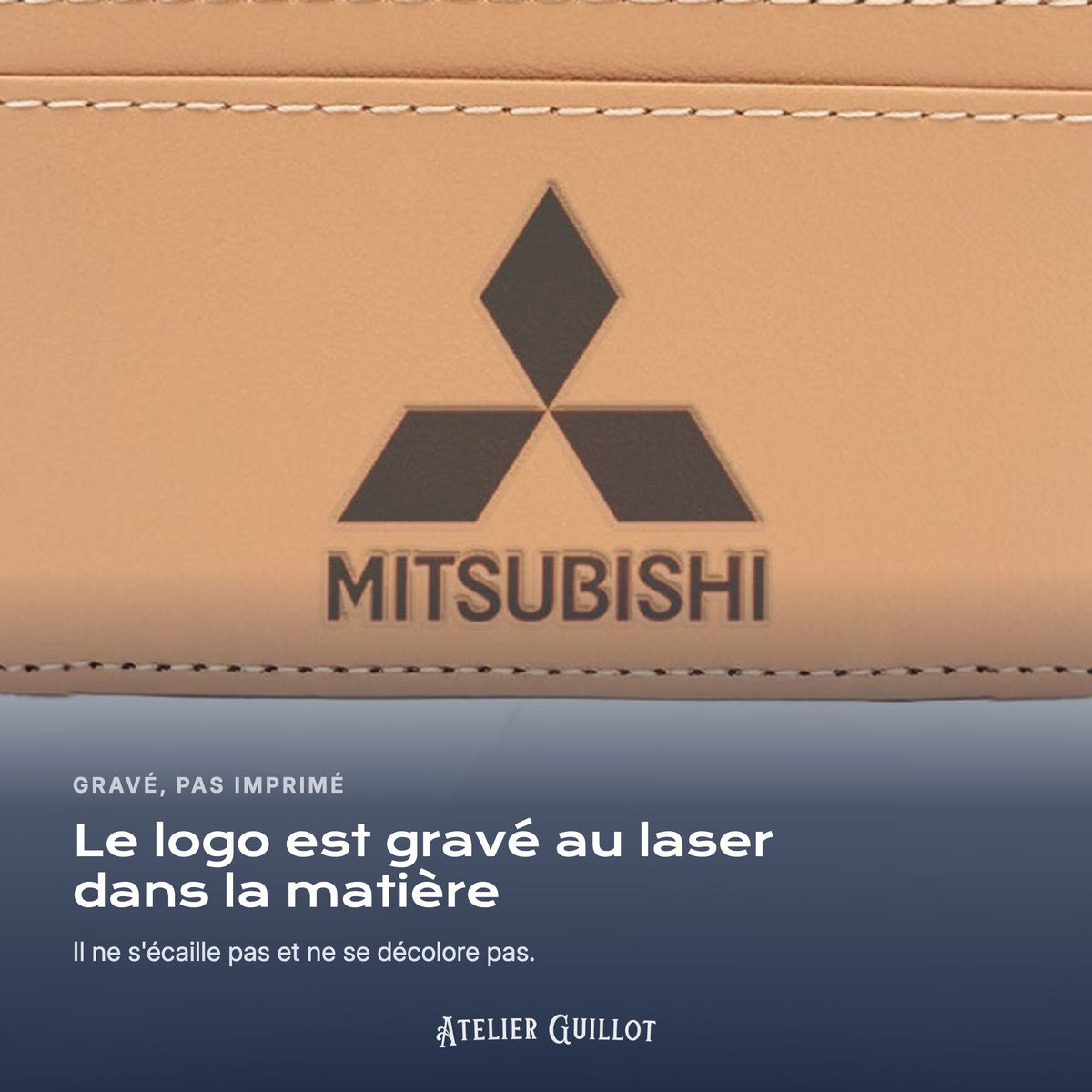 Logo Mitsubishi gravé au laser dans le simili cuir