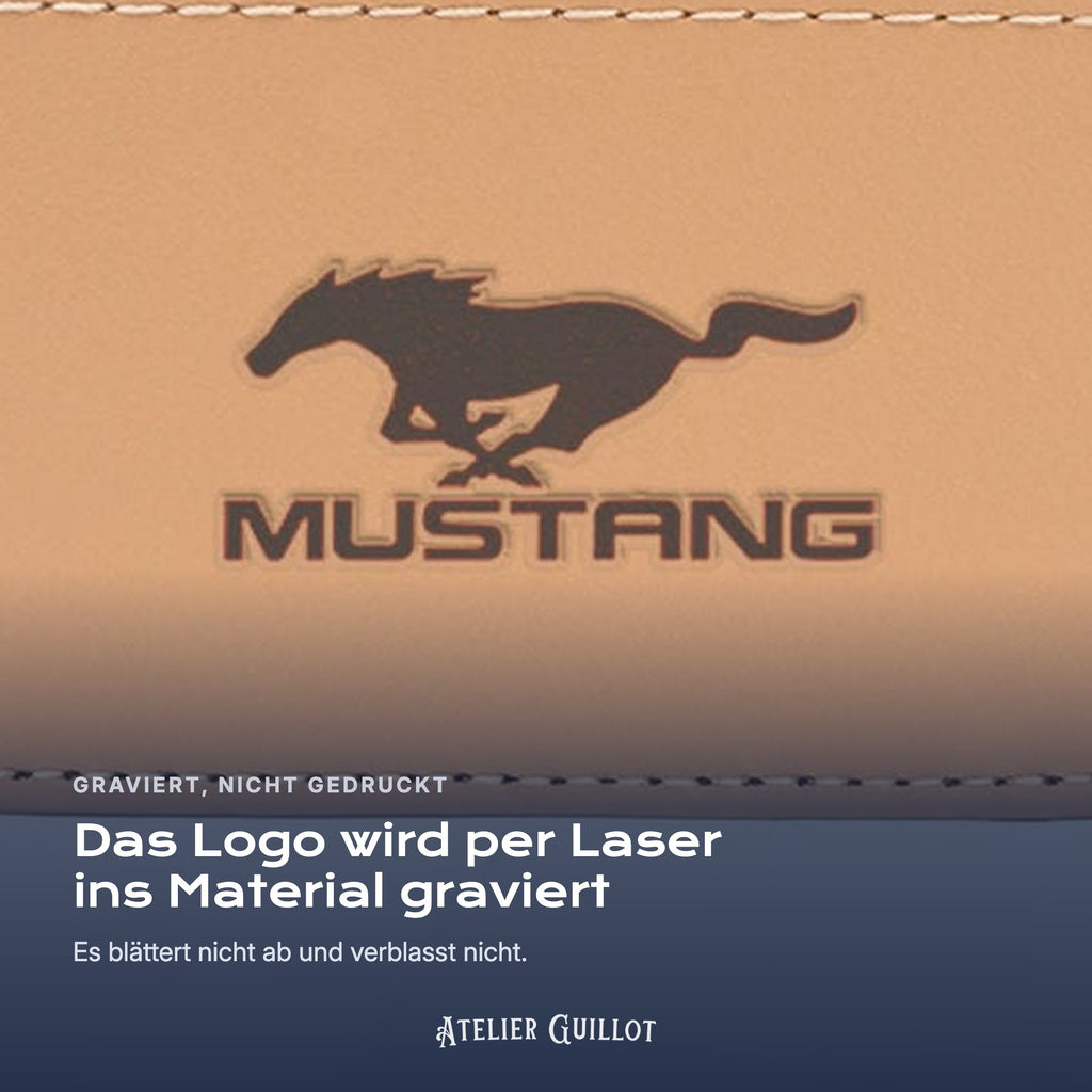 Logo Mustang, per Laser in Kunstleder graviert