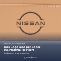 Logo Nissan, per Laser in Kunstleder graviert