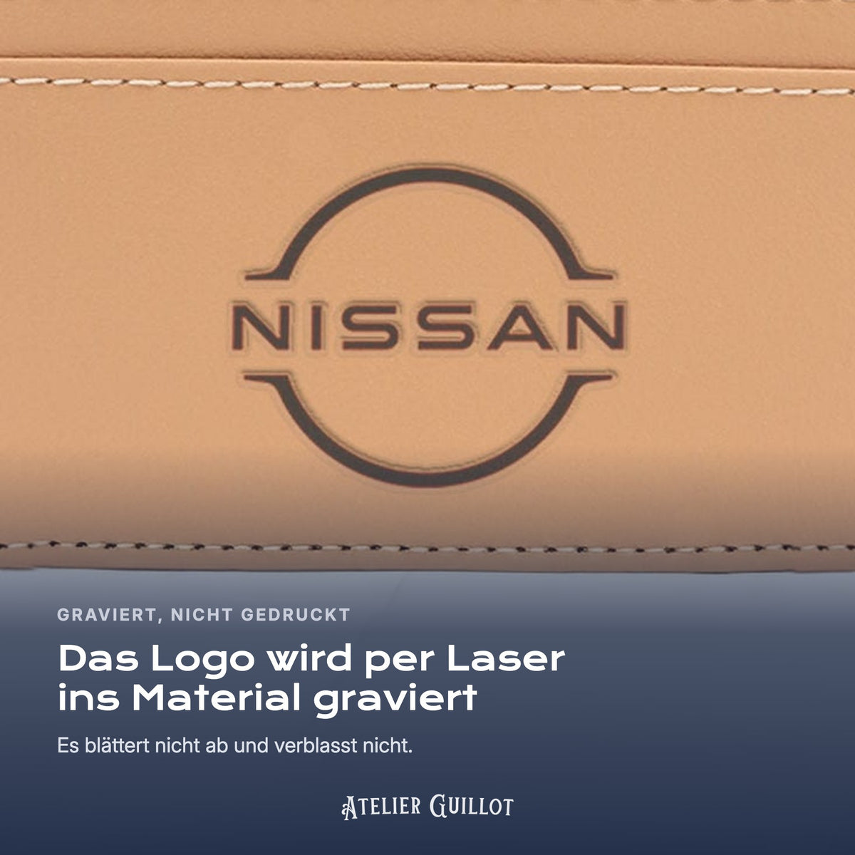 Logo Nissan, per Laser in Kunstleder graviert
