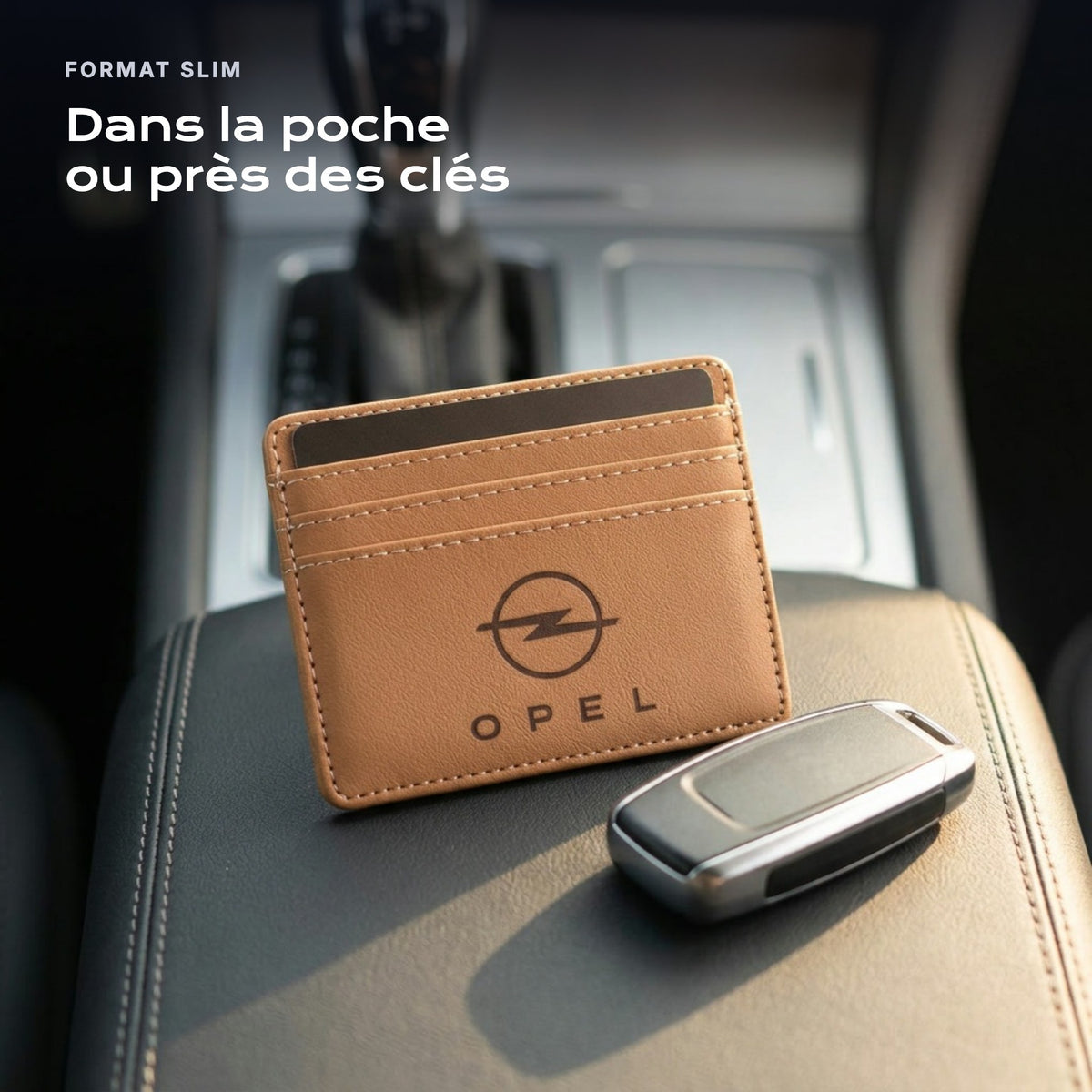 Porte-carte bancaire Opel près d'une clé, format slim
