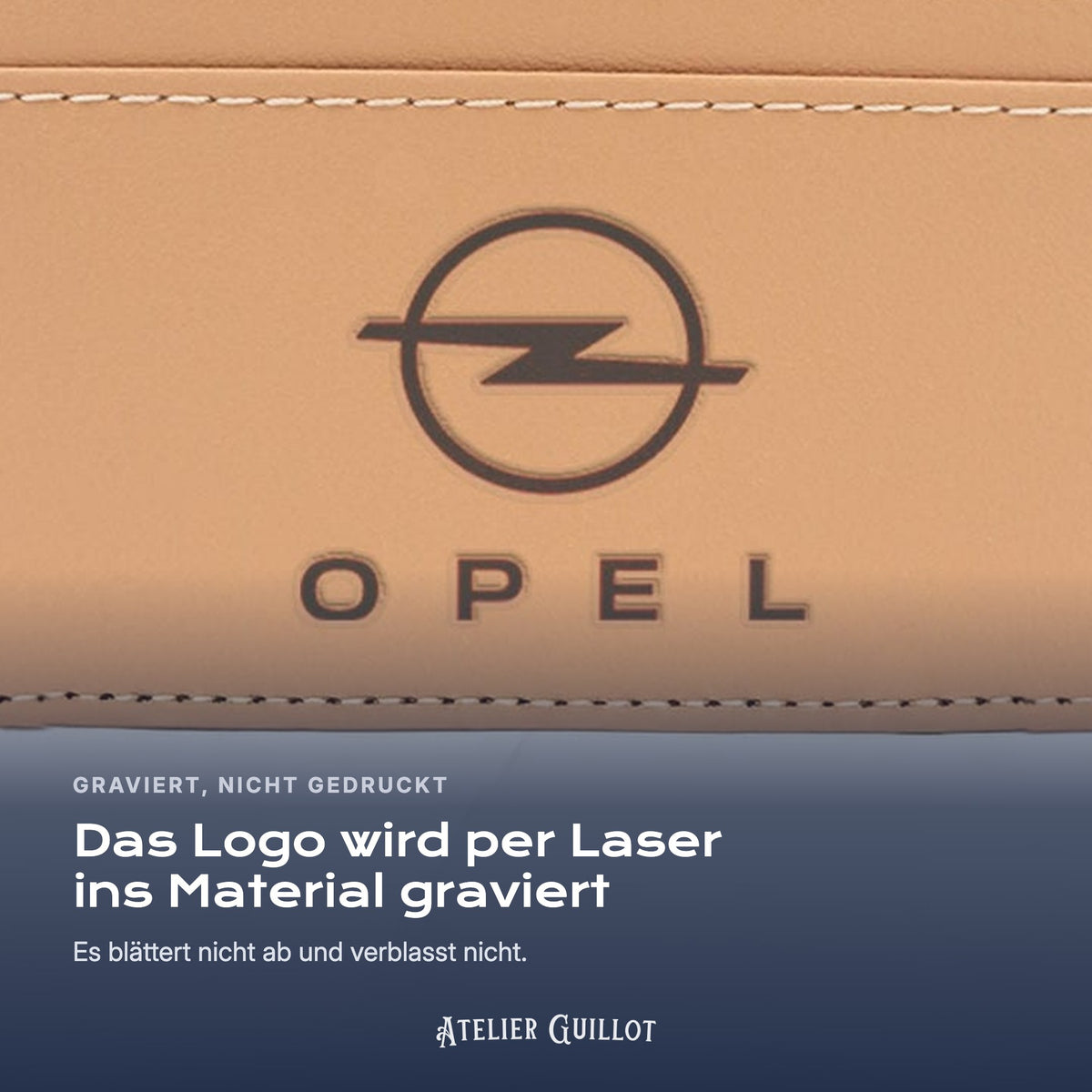 Logo Opel, per Laser in Kunstleder graviert