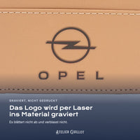 Logo Opel, per Laser in Kunstleder graviert