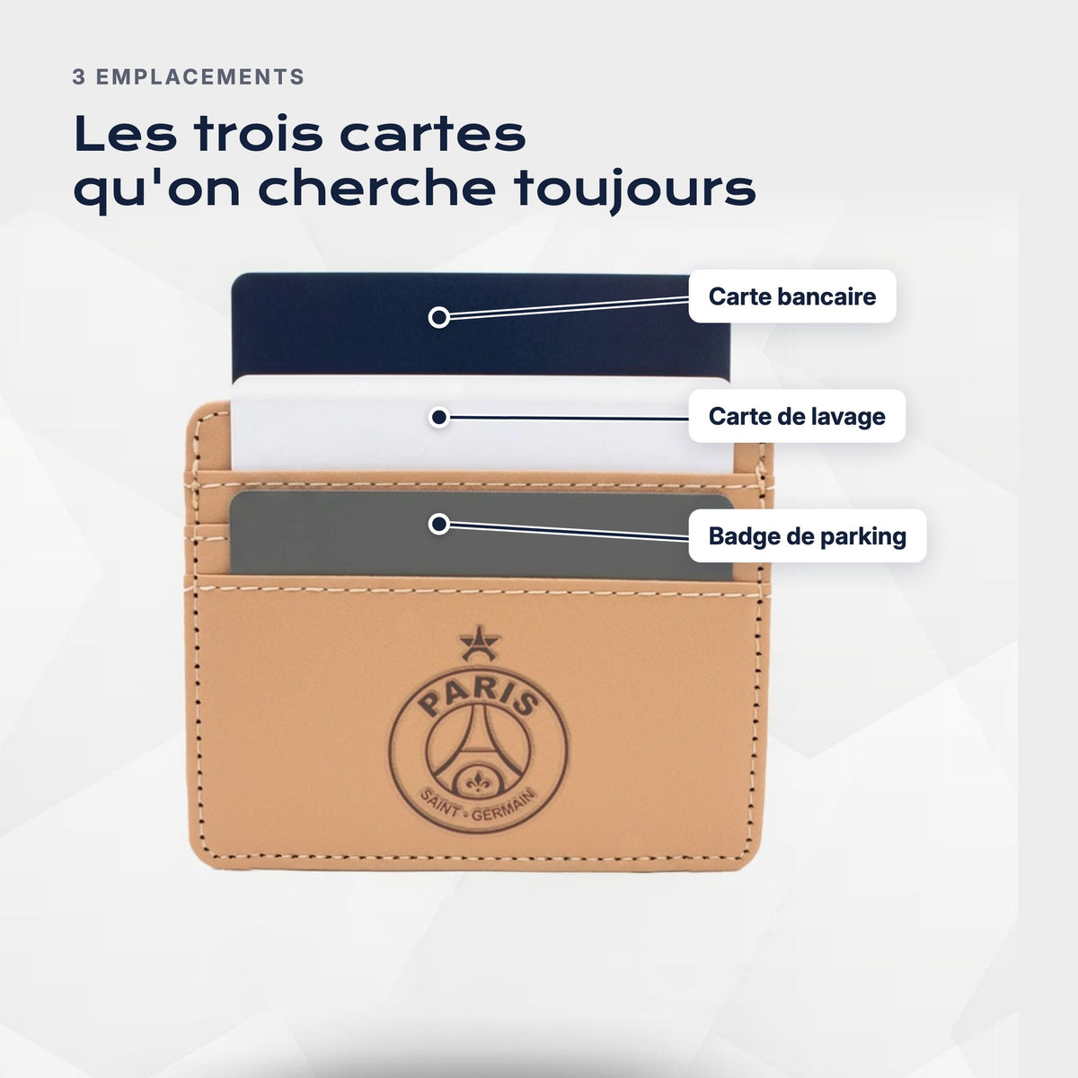 Trois emplacements : carte bancaire, carte de lavage, badge de parking