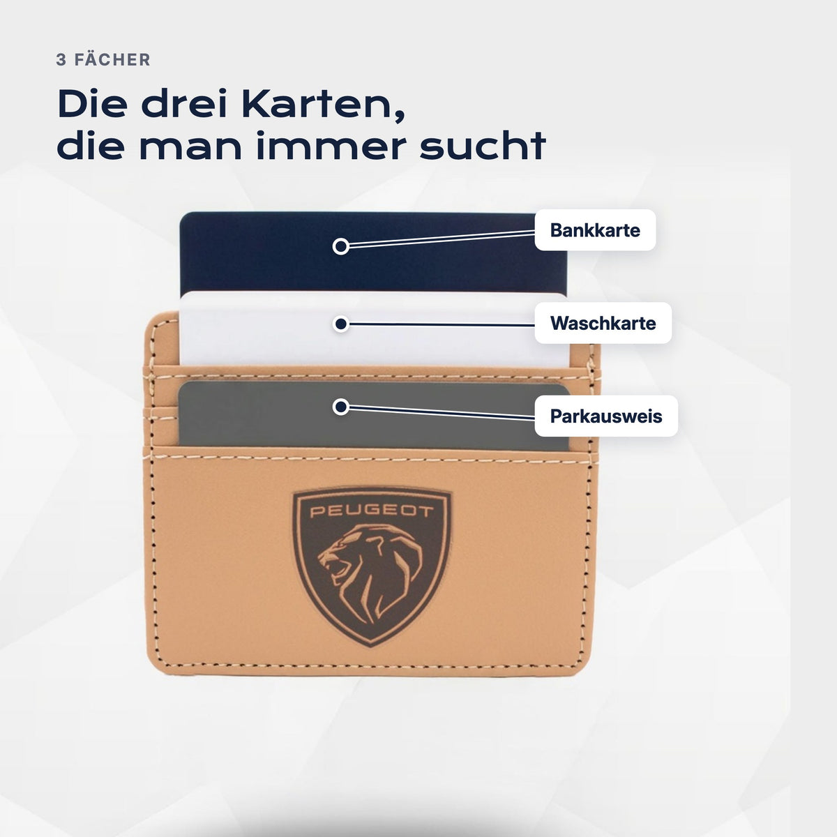 Drei Fächer: Bankkarte, Waschkarte, Parkausweis