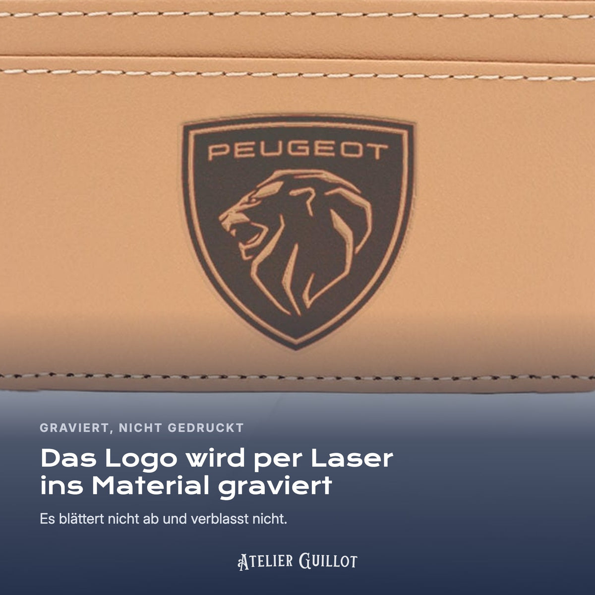 Logo Peugeot, per Laser in Kunstleder graviert
