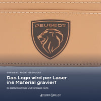 Logo Peugeot, per Laser in Kunstleder graviert
