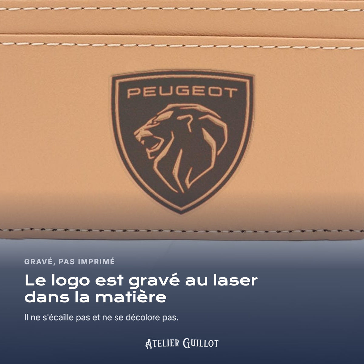 Logo Peugeot gravé au laser dans le simili cuir