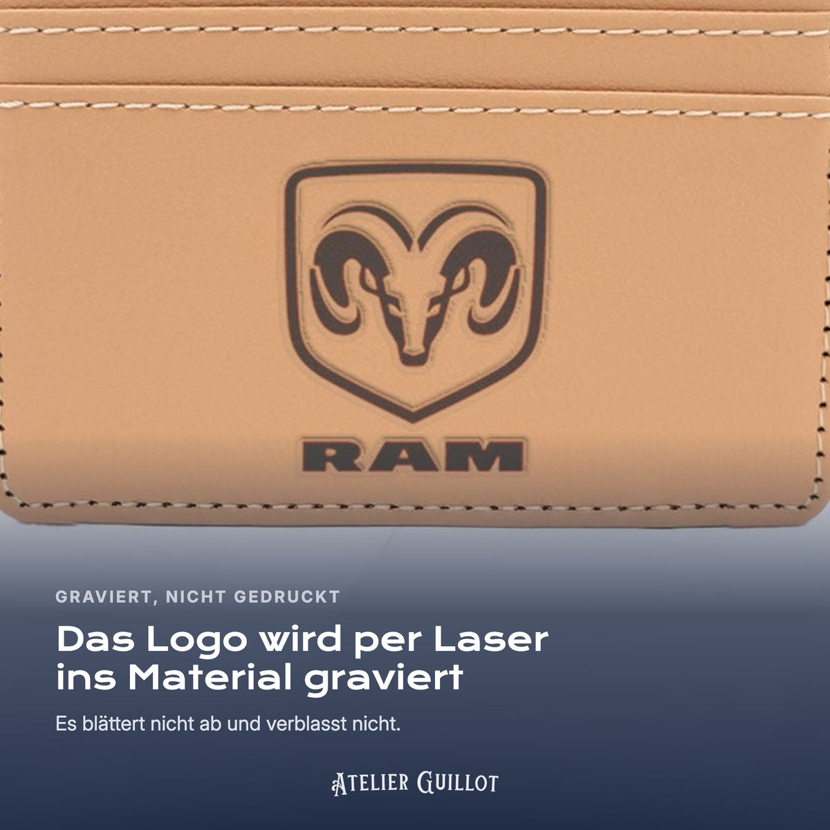 Logo RAM, per Laser in Kunstleder graviert