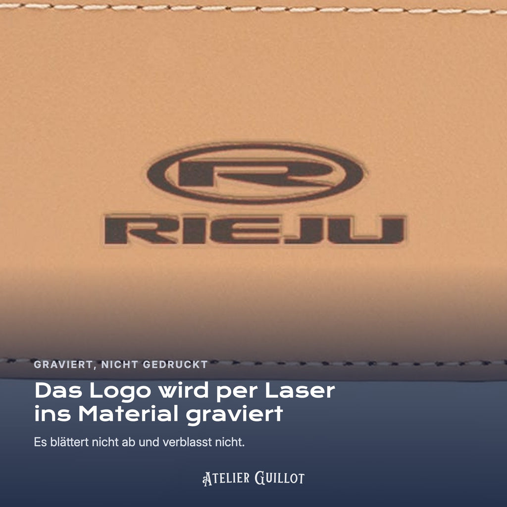 Logo Rieju, per Laser in Kunstleder graviert