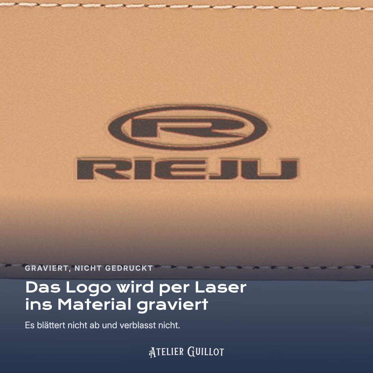 Logo Rieju, per Laser in Kunstleder graviert