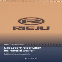 Logo Rieju, per Laser in Kunstleder graviert