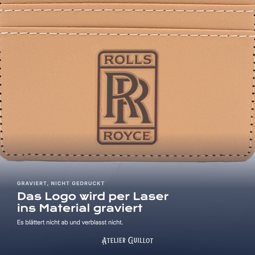 Logo Rolls-Royce, per Laser in Kunstleder graviert