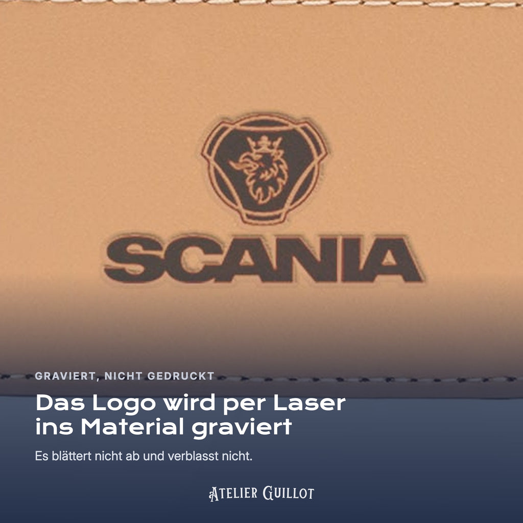 Logo Scania, per Laser in Kunstleder graviert