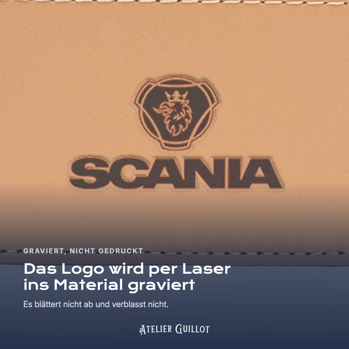 Logo Scania, per Laser in Kunstleder graviert