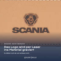 Logo Scania, per Laser in Kunstleder graviert