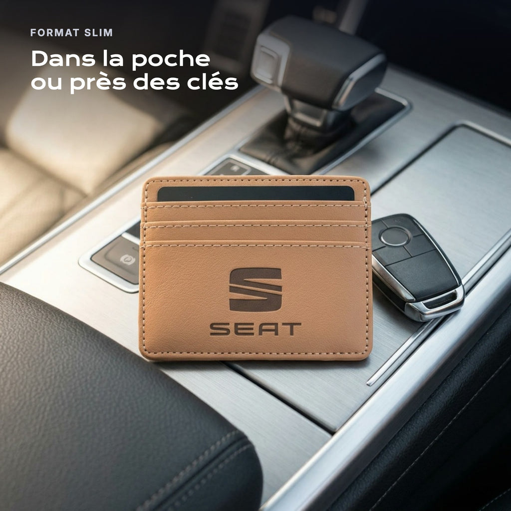 Porte-carte bancaire SEAT près d'une clé, format slim
