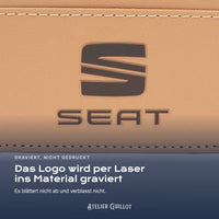 Logo SEAT, per Laser in Kunstleder graviert