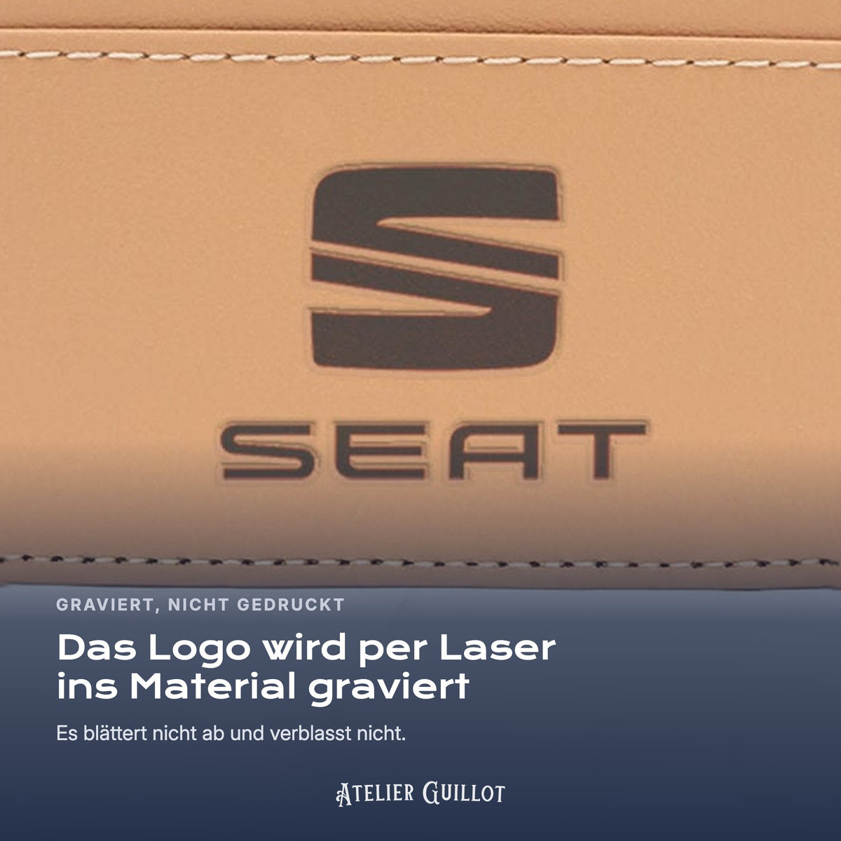 Logo SEAT, per Laser in Kunstleder graviert