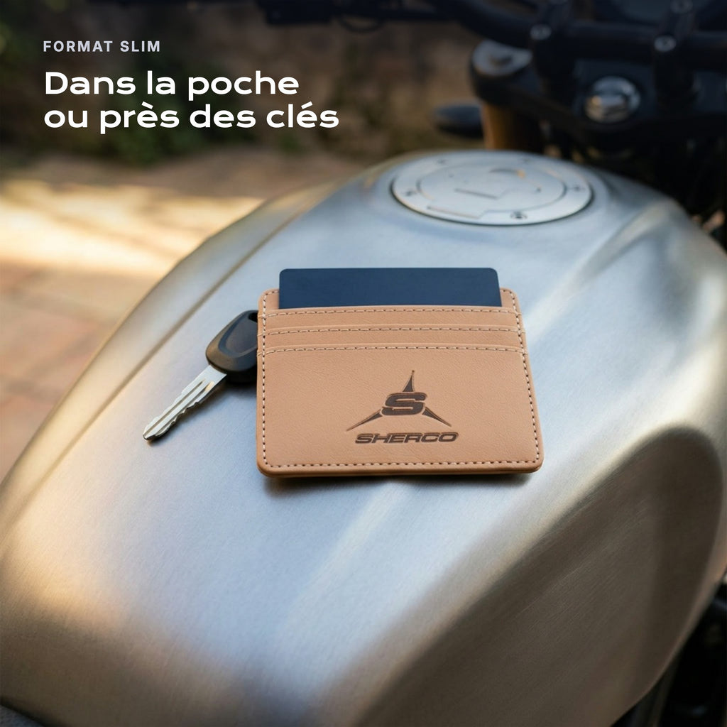 Porte-carte bancaire Sherco près d'une clé, format slim