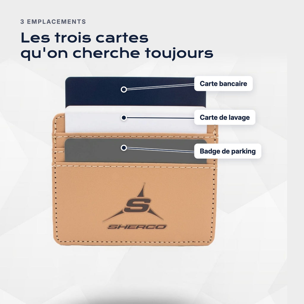 Trois emplacements : carte bancaire, carte de lavage, badge de parking