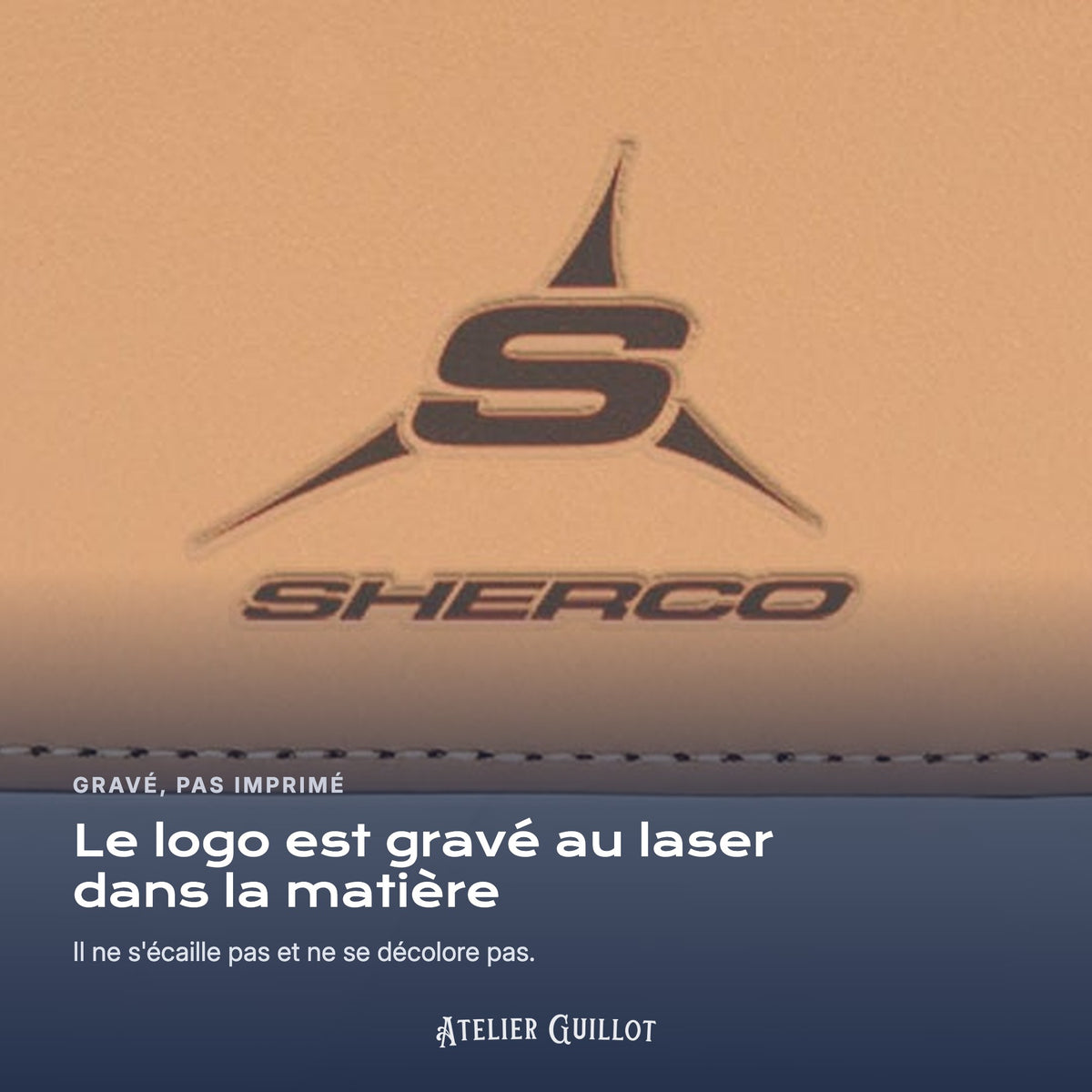 Logo Sherco gravé au laser dans le simili cuir